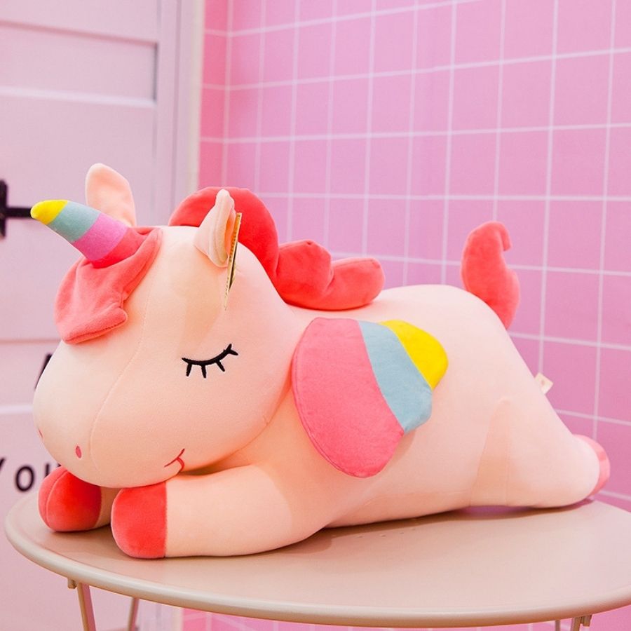 Peluche Licorne Endormie Rose ou Blanche Arc-en-Ciel