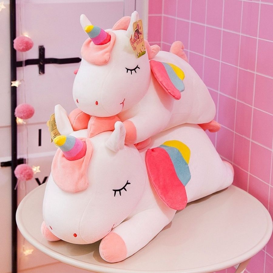 Peluche Licorne Endormie Rose ou Blanche Arc-en-Ciel