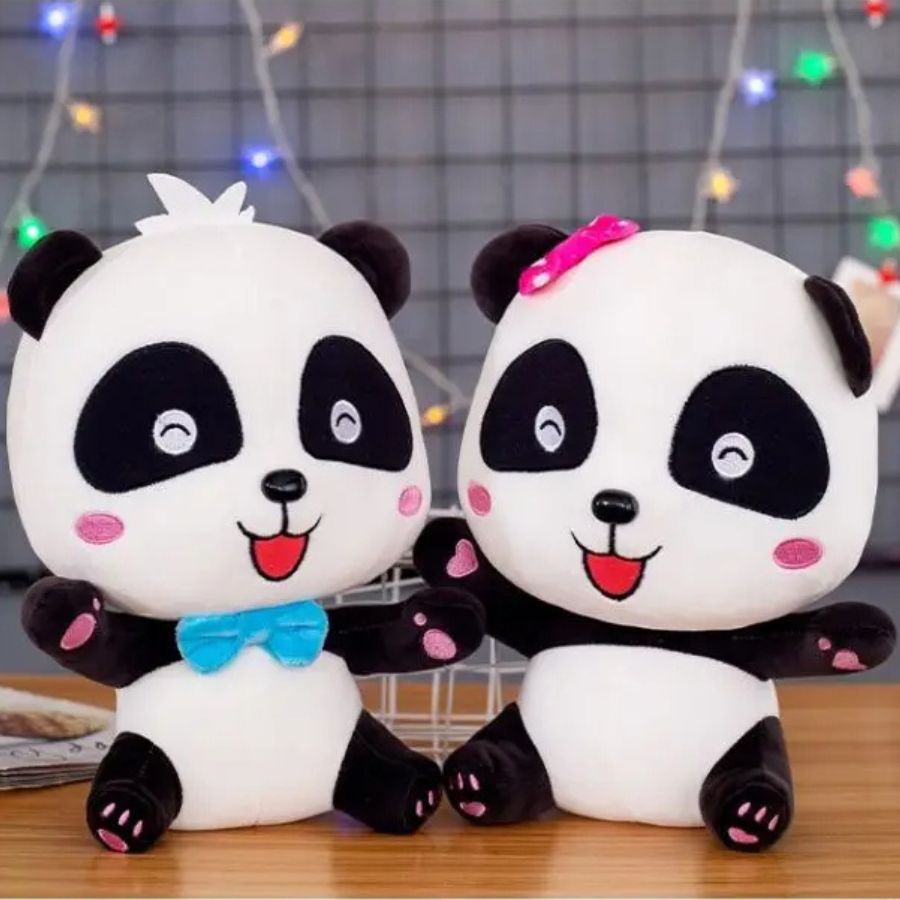 Peluches Pandas à Nœuds Rose et Bleu, Yeux Bleus