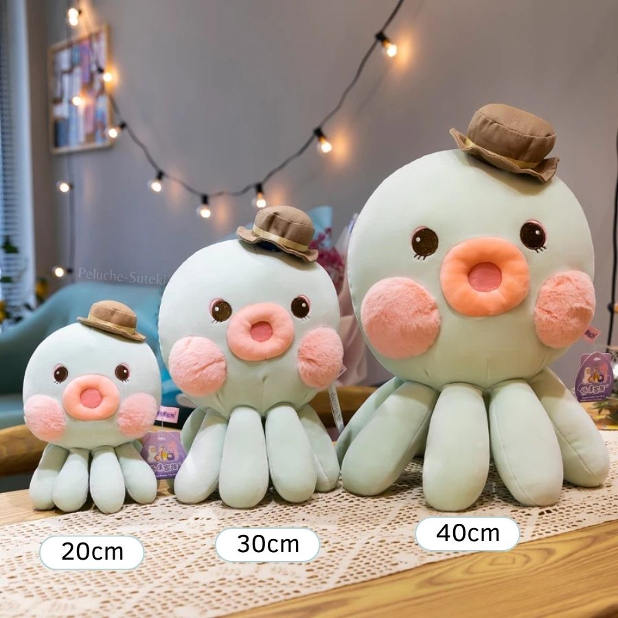 Peluche Pieuvre Pastel avec Chapeau et Joues Roses