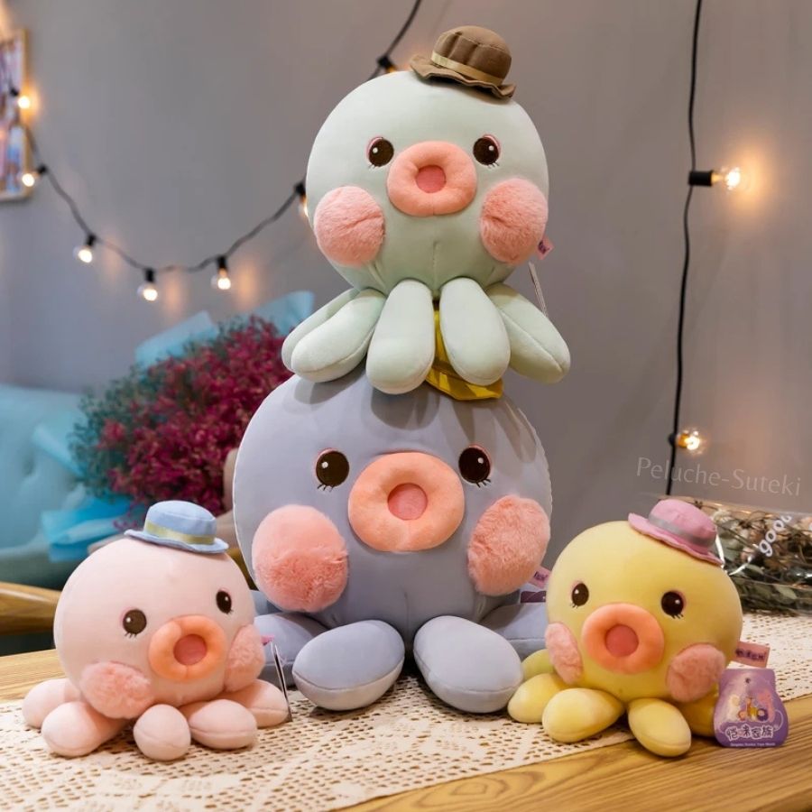 Peluche Pieuvre Pastel avec Chapeau et Joues Roses