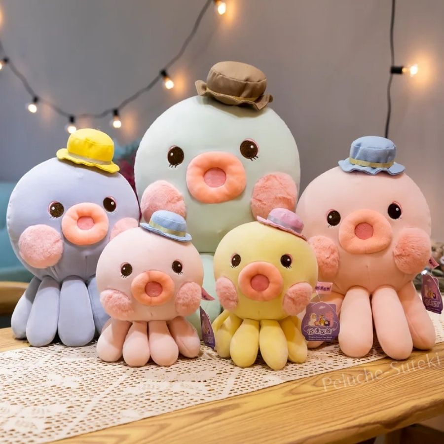 Peluche Pieuvre Pastel avec Chapeau et Joues Roses