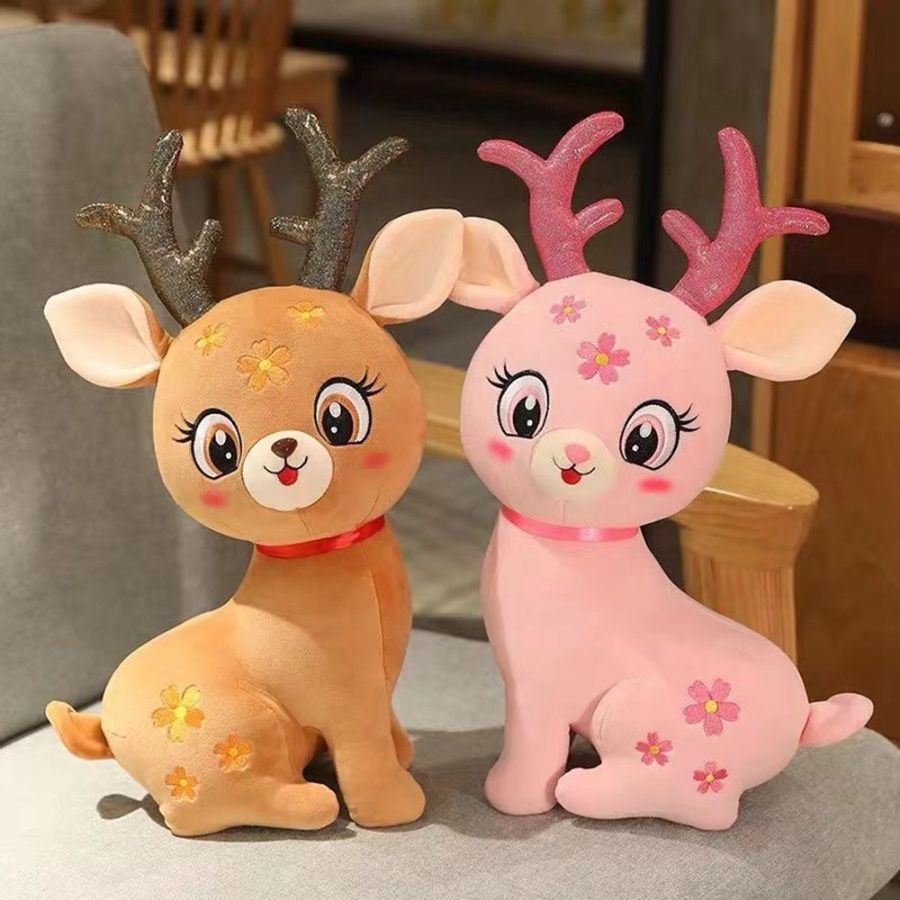 Peluche Cerf Rose Pâle à Fleurs et Bois Pailletés