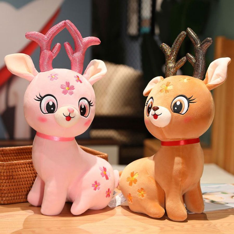 Peluche Cerf Rose Pâle à Fleurs et Bois Pailletés
