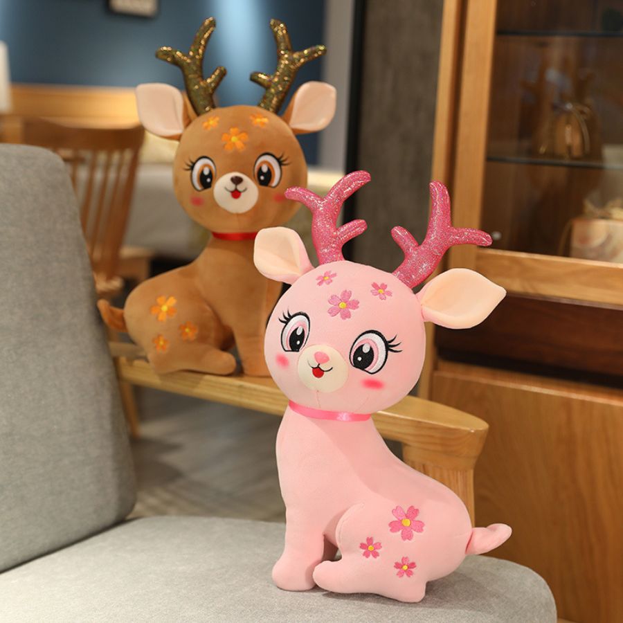 Peluche Cerf Rose Pâle à Fleurs et Bois Pailletés