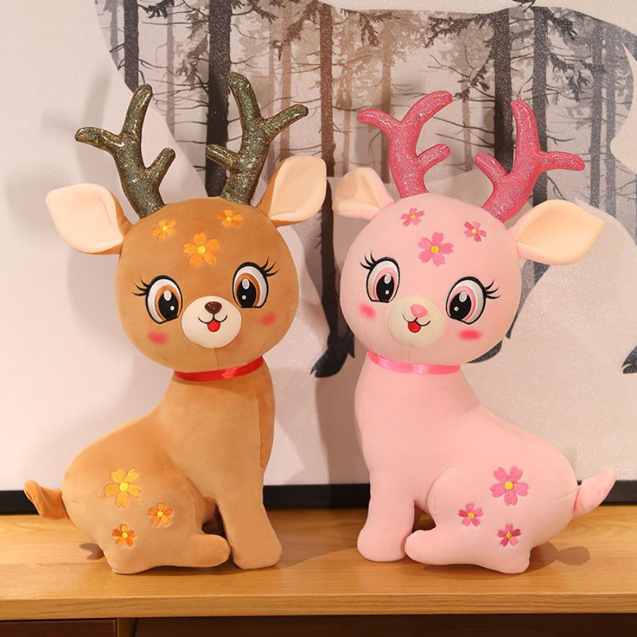 Peluche Cerf Rose Pâle à Fleurs et Bois Pailletés