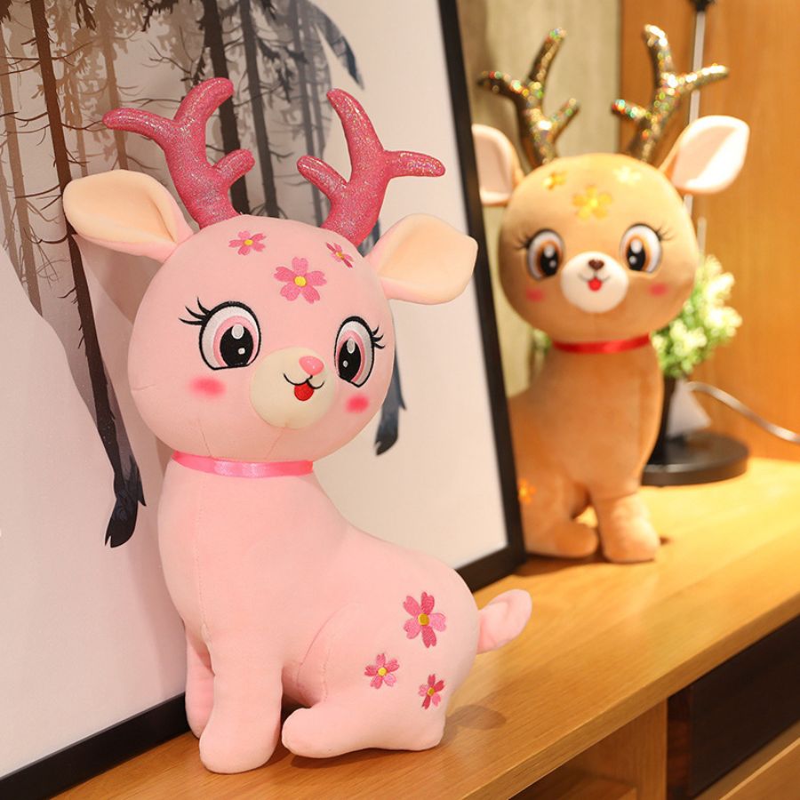 Peluche Cerf Rose Pâle à Fleurs et Bois Pailletés