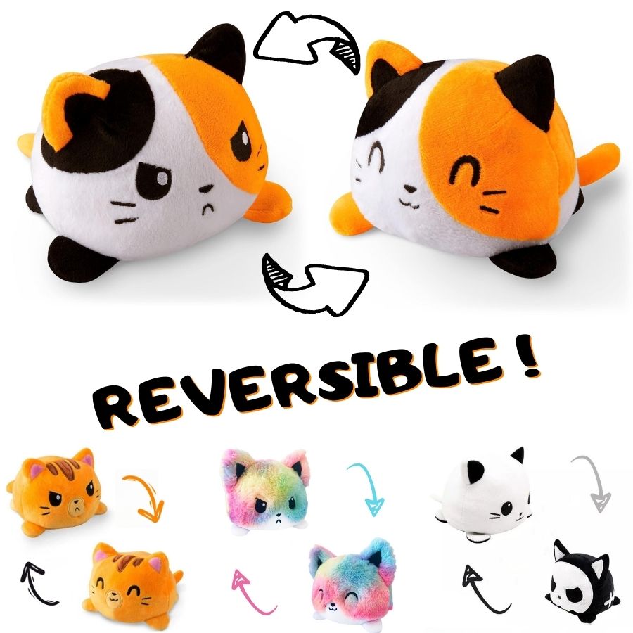 Peluche Réversible Chat Tricolore à Deux Émotions