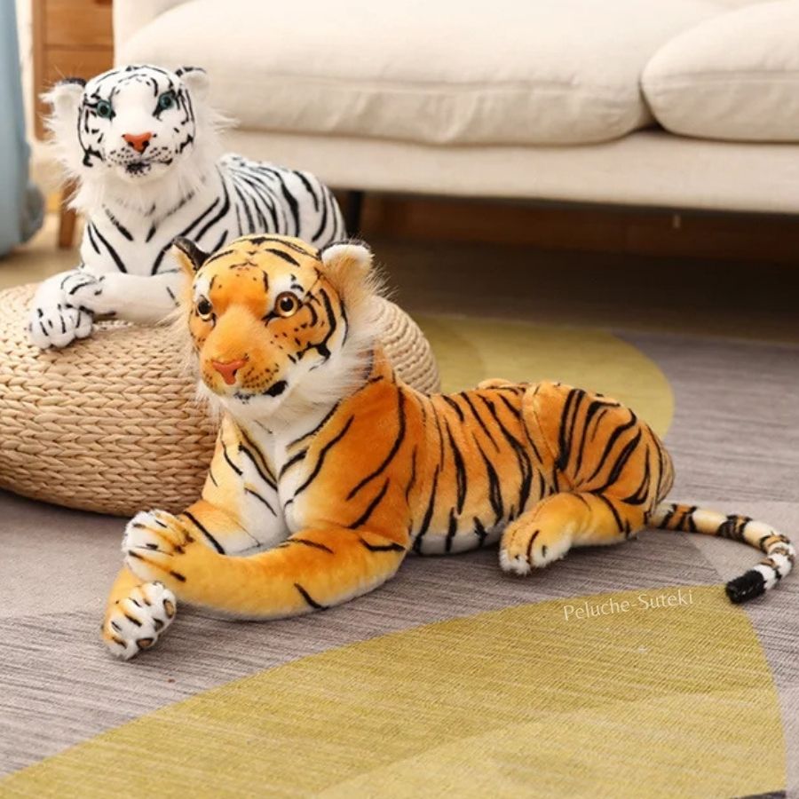 Peluche Tigre Réaliste Couché Orange et Noir