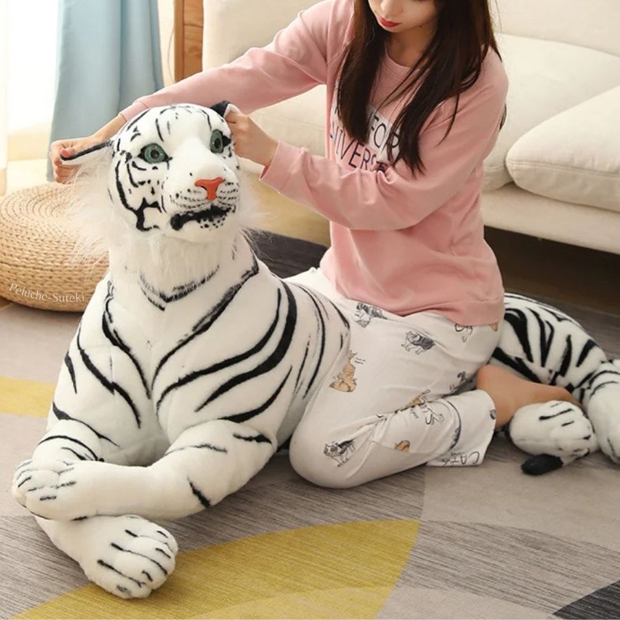 Peluche Tigre Blanc Géant aux Rayures Noires