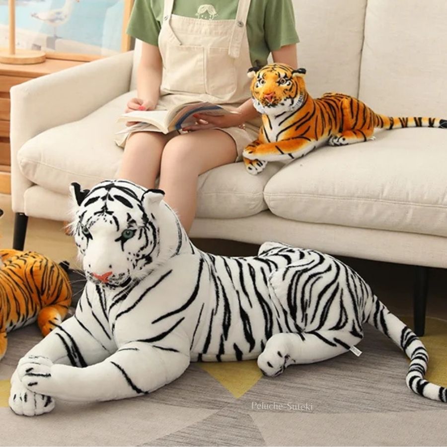 Peluche Tigre Blanc Géant aux Rayures Noires