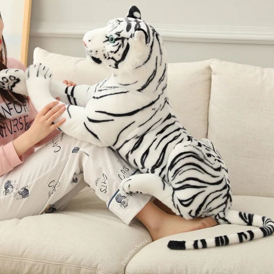 Peluche Tigre Blanc Géant aux Rayures Noires