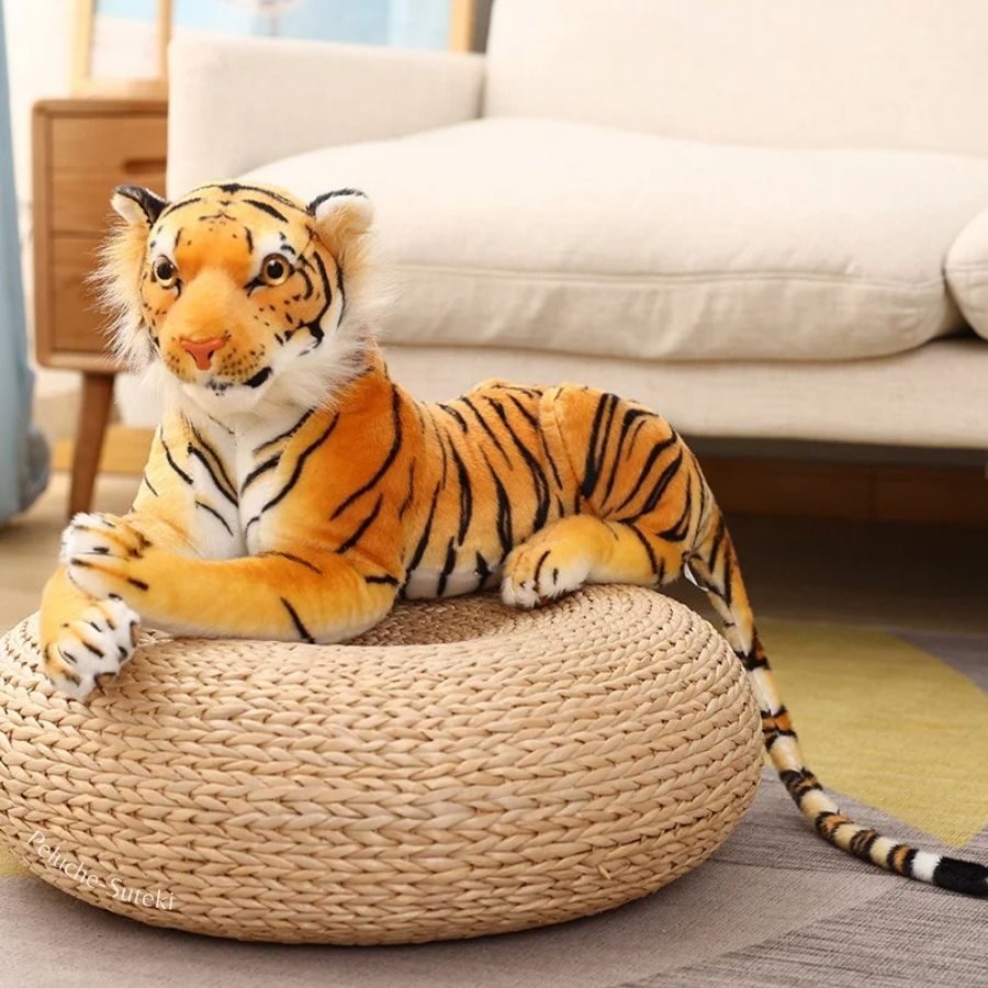 Peluche Tigre Réaliste Couché Orange et Noir