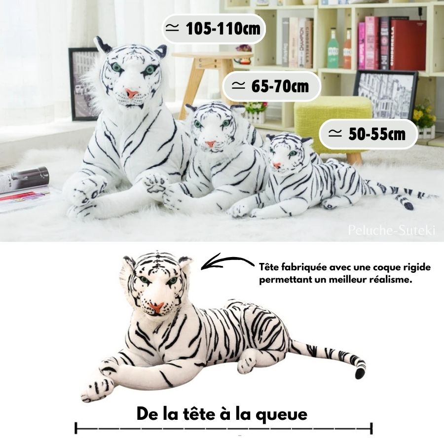Peluche Tigre Blanc Géant aux Rayures Noires