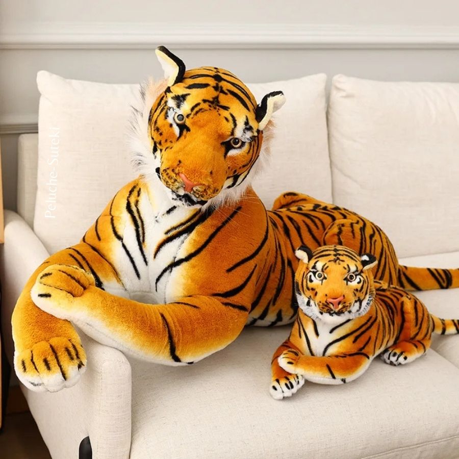 Peluche Tigre Réaliste Couché Orange et Noir
