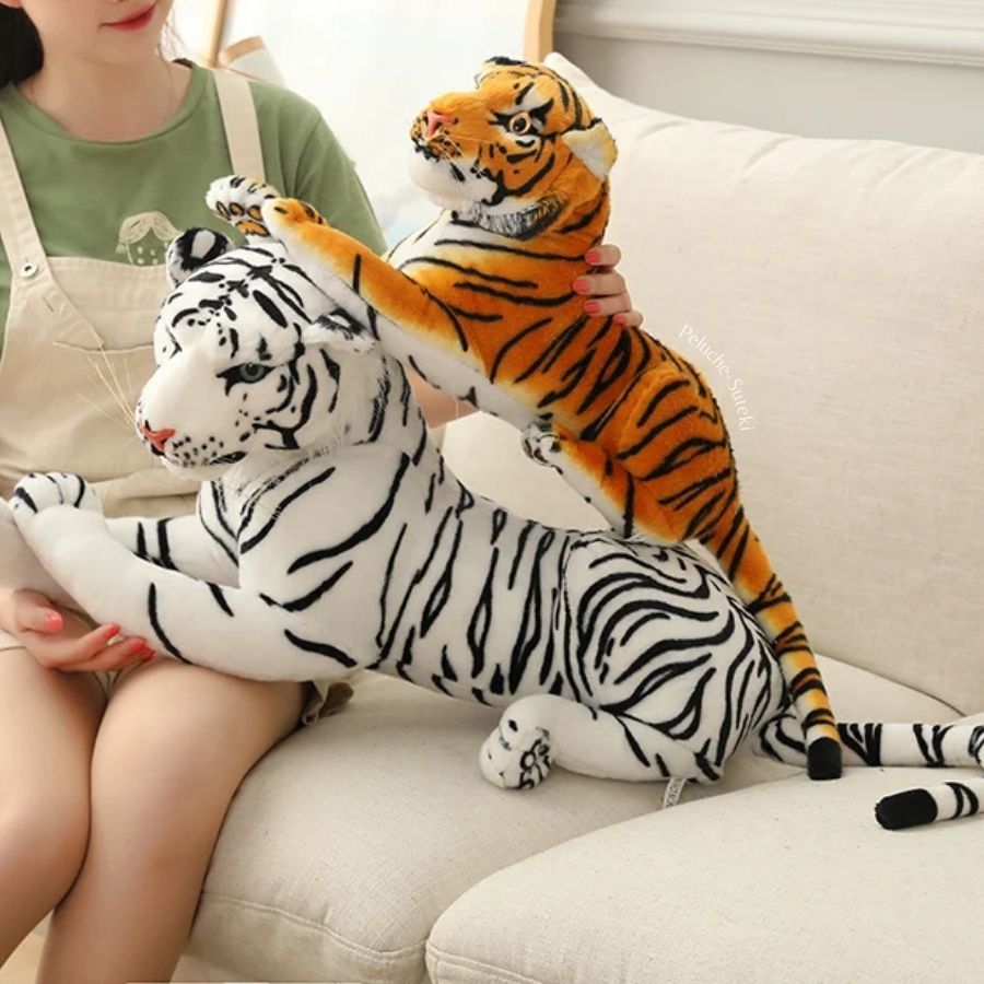 Peluche Tigre Blanc Géant aux Rayures Noires