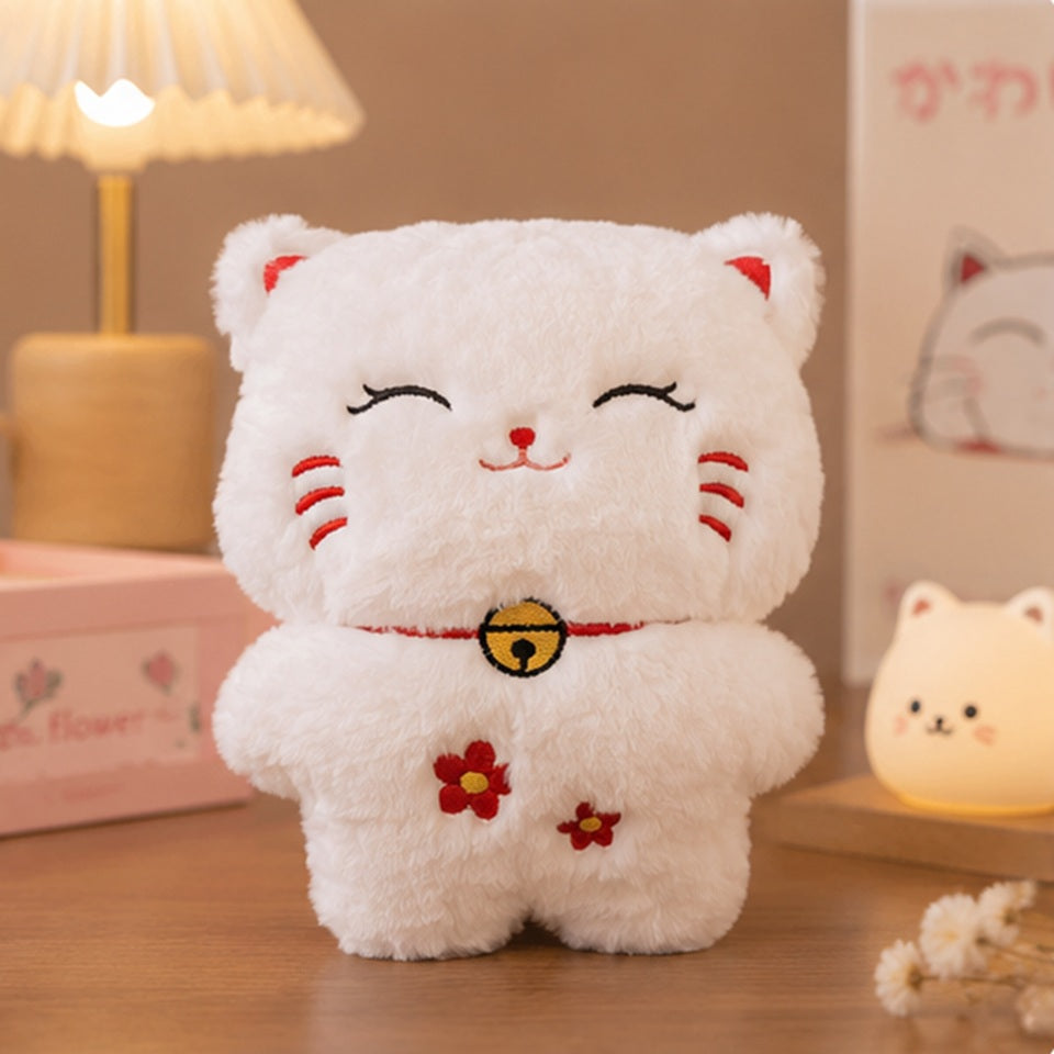 Bouillotte en Peluche Chat Blanc Souriant à Fleurs Rouges