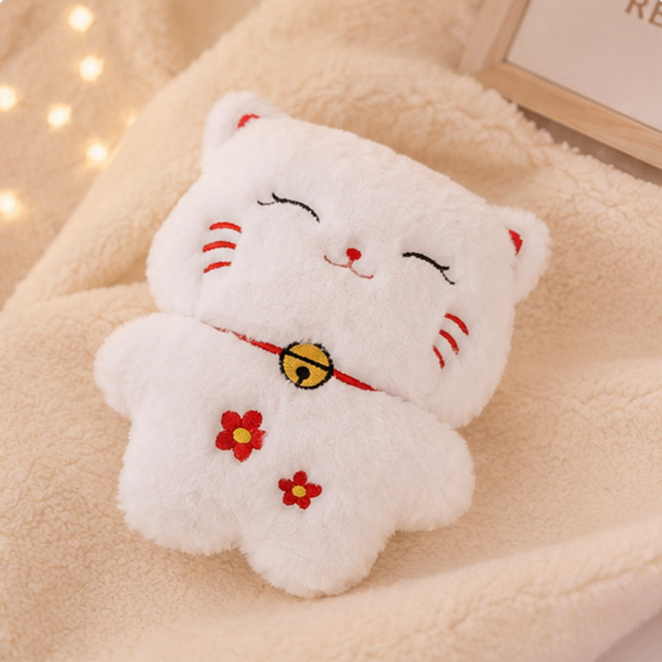 Bouillotte en Peluche Chat Blanc Souriant à Fleurs Rouges