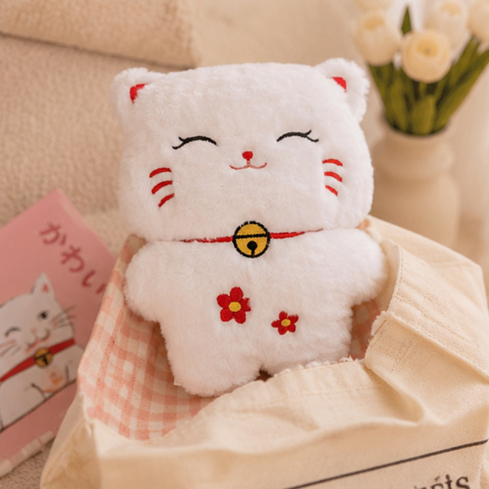 Bouillotte en Peluche Chat Blanc Souriant à Fleurs Rouges