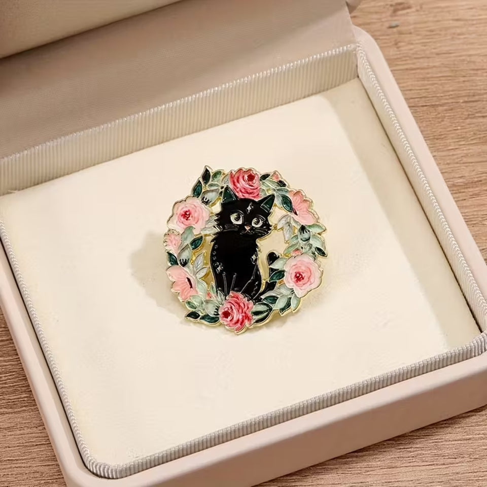 Pin's Chat Noir aux Fleurs