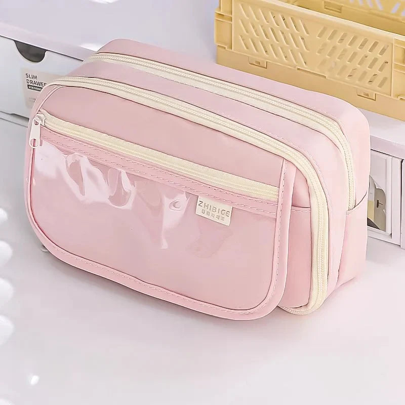 Trousse rose zippée 3 compartiments grande capacité - Câlin Kawaii