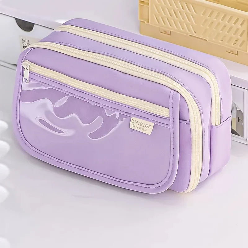 Trousse rose zippée 3 compartiments grande capacité - Câlin Kawaii