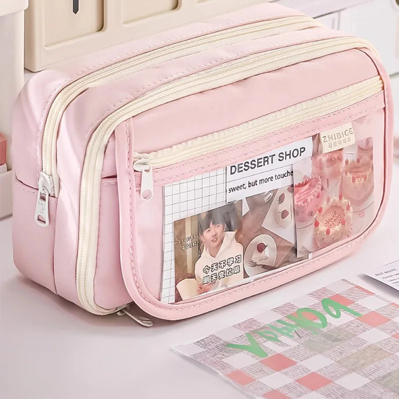 Grande Trousse Rose Pâle à Fenêtre et Double Zip