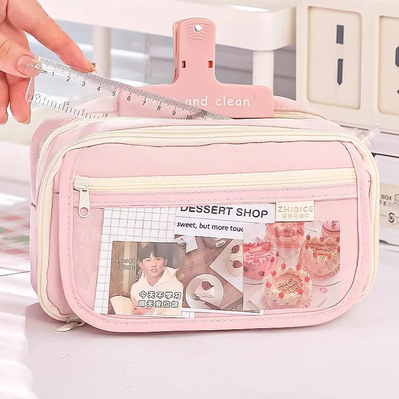 Grande Trousse Rose Pâle à Fenêtre et Double Zip