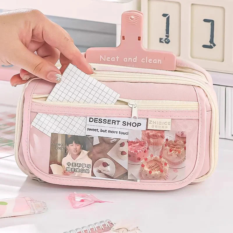 Grande Trousse Rose Pâle à Fenêtre et Double Zip