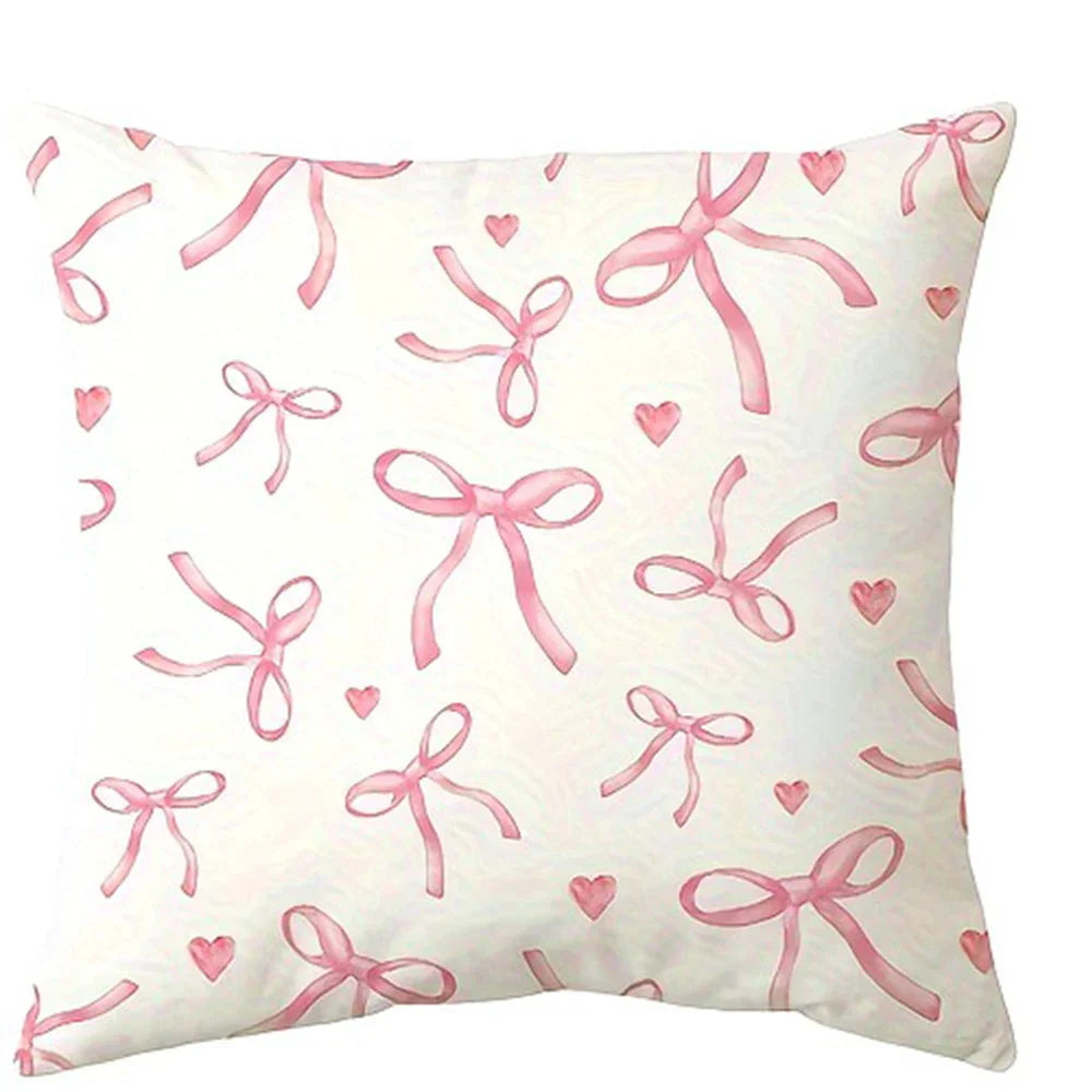 Housse de coussin imprimée nœud rose et cerises, douce et kawaii - Câlin Kawaii