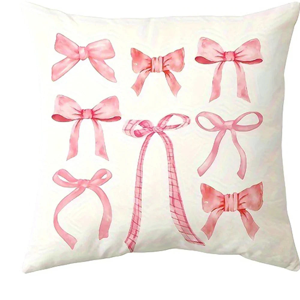 Housse de coussin imprimée nœud rose et cerises, douce et kawaii - Câlin Kawaii