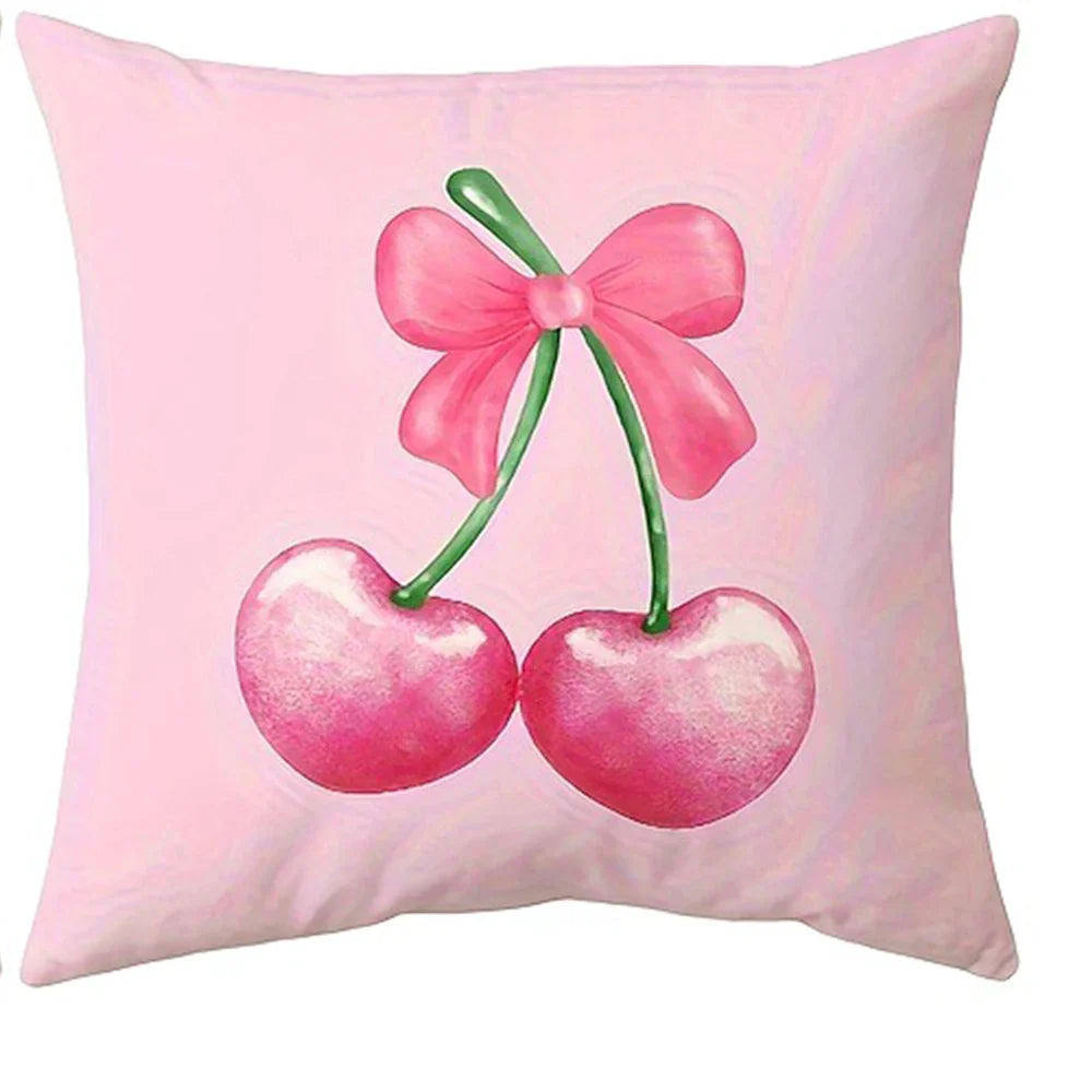 Housse de coussin imprimée nœud rose et cerises, douce et kawaii - Câlin Kawaii