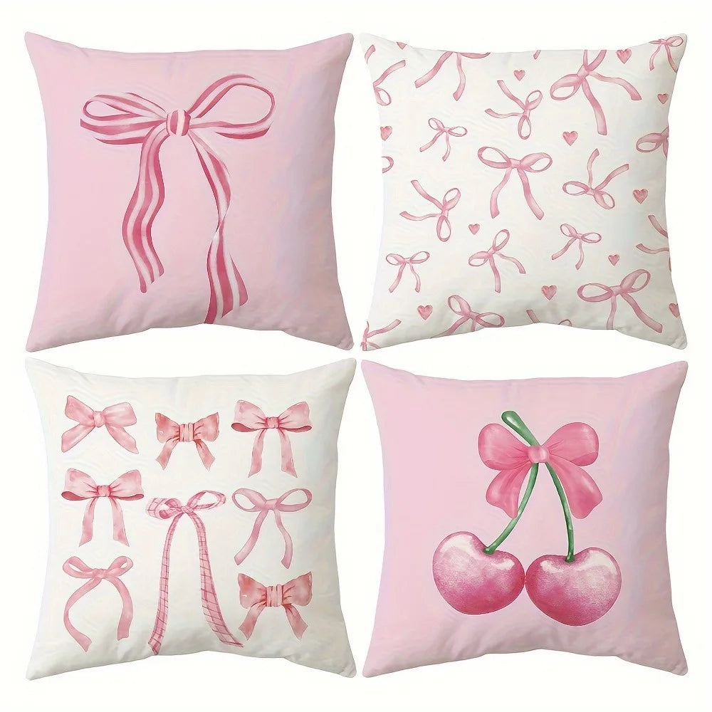 Housses de Coussin Roses à Motifs Nœuds et Cerises