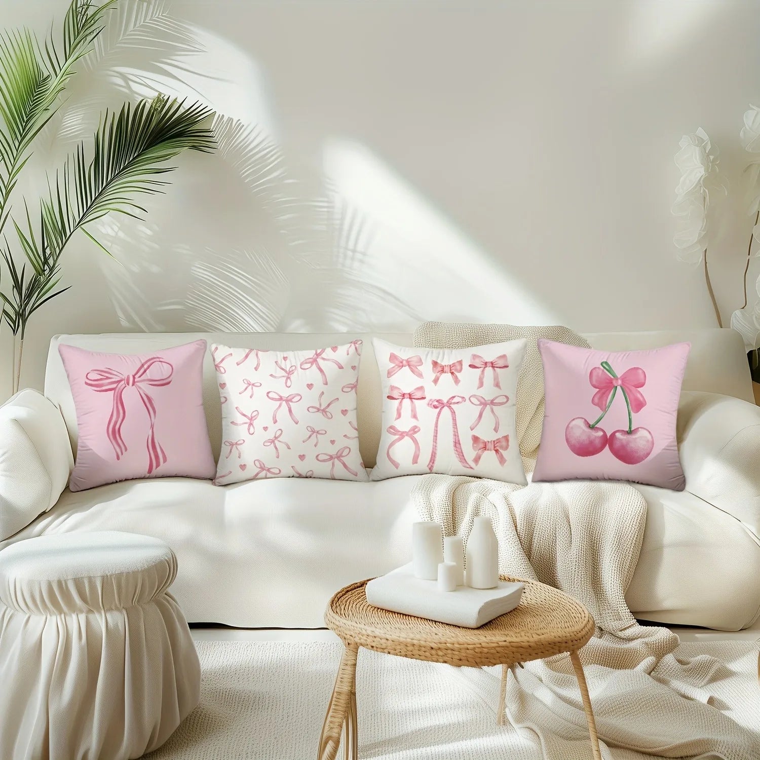 Housses de Coussin Roses à Motifs Nœuds et Cerises