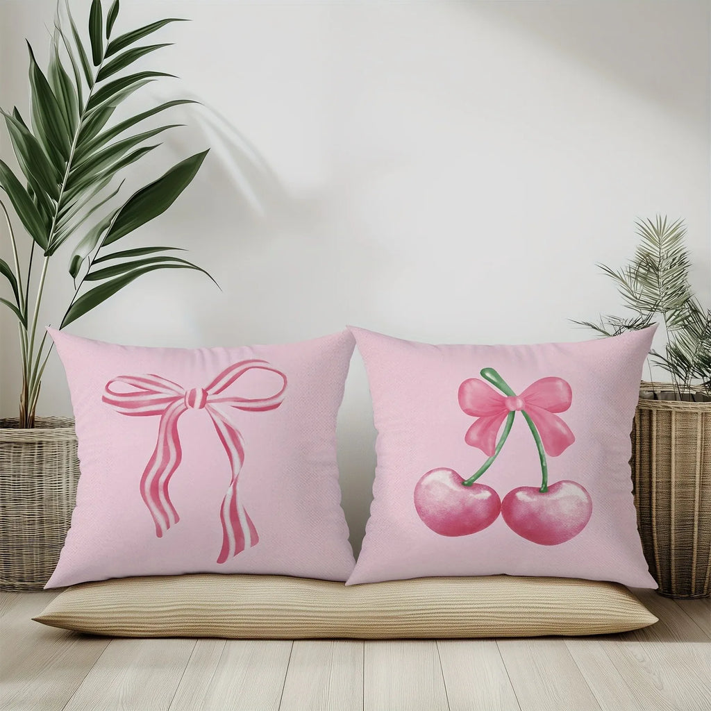 Housses de Coussin Roses à Motifs Nœuds et Cerises