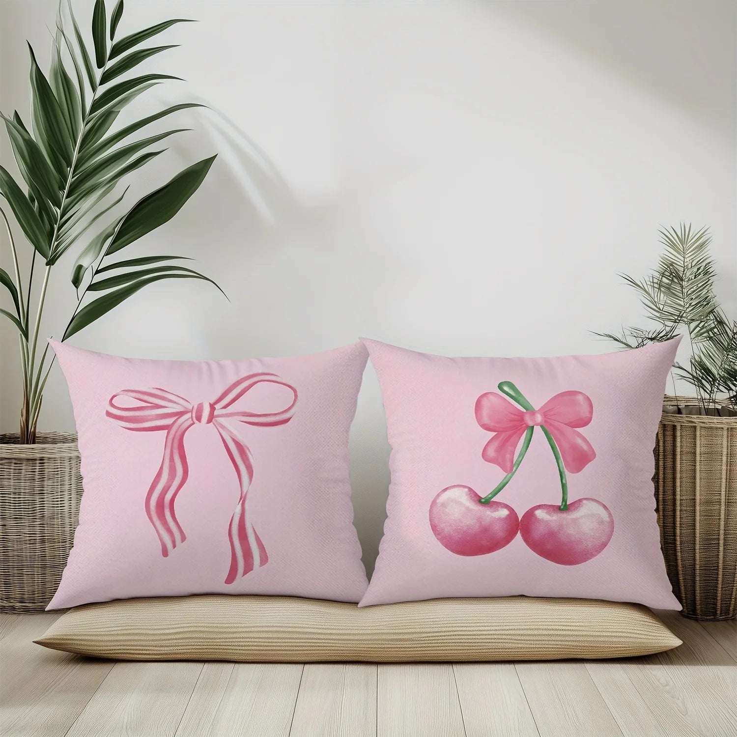 Housses de Coussin Roses à Motifs Nœuds et Cerises