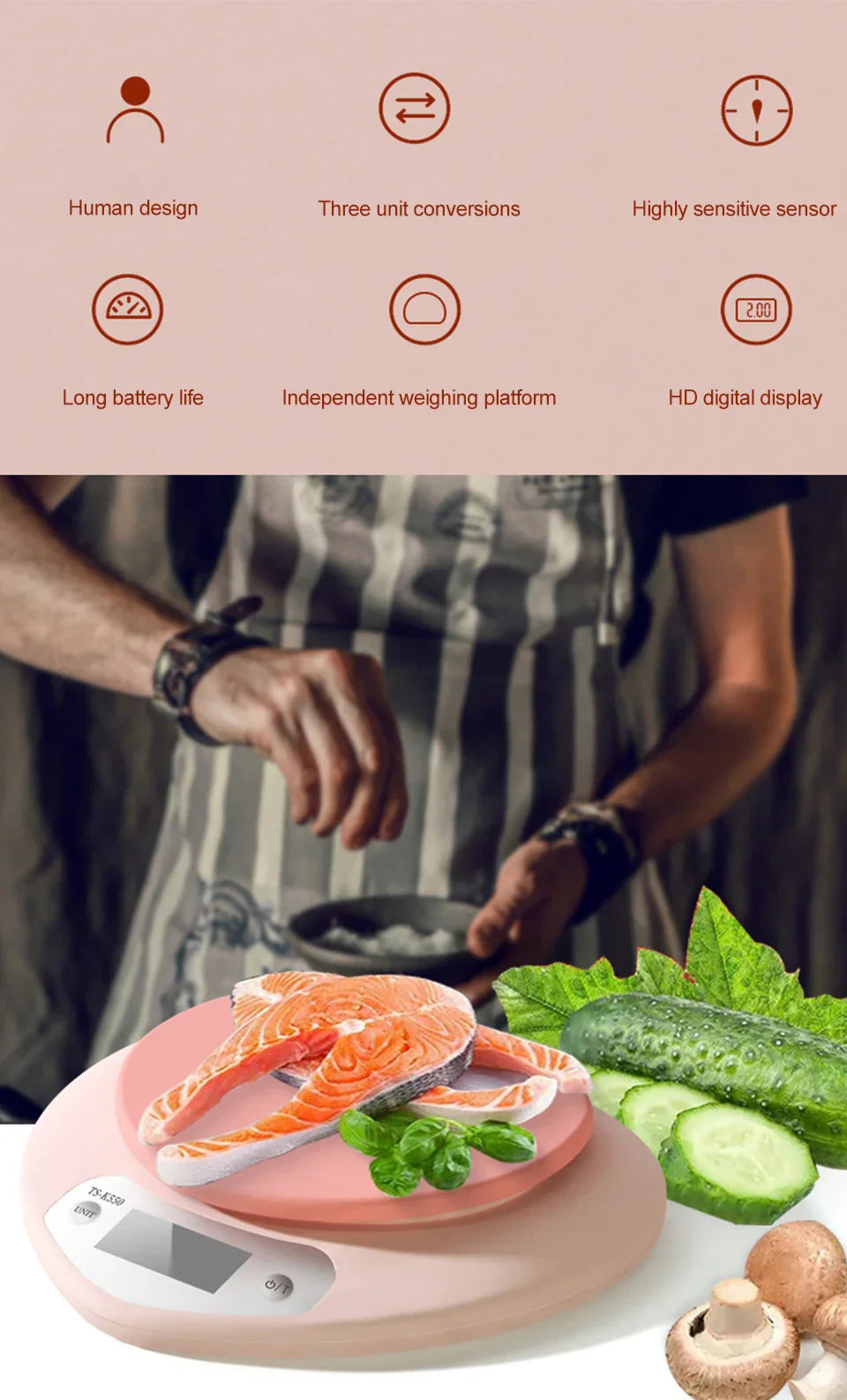 Balance de Cuisine Digitale Rose Pâle Ovale
