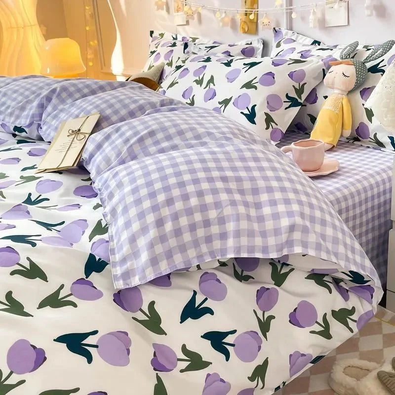 Parure de Lit Réversible Vichy et Tulipes Lilas