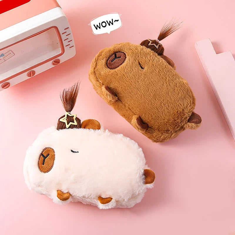 Trousse en Peluche Capybara Beige à Queue de Cheval