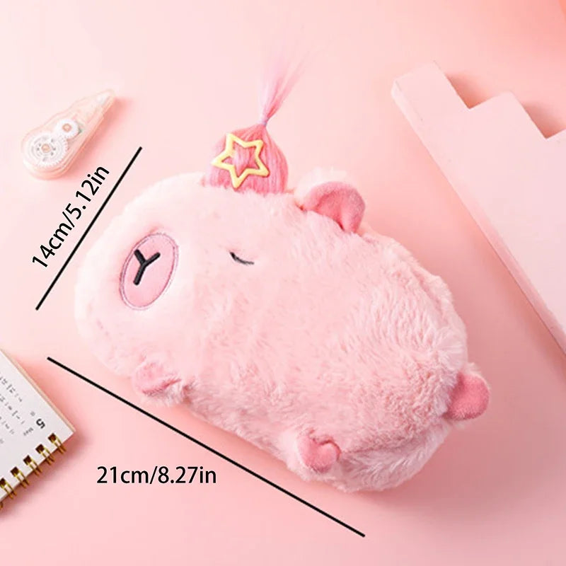 Trousse en Peluche Capybara Beige à Queue de Cheval