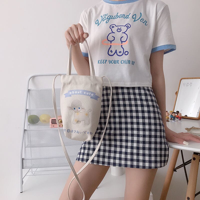Mini Sac à Bandoulière en Toile Écru Imprimé Agneau