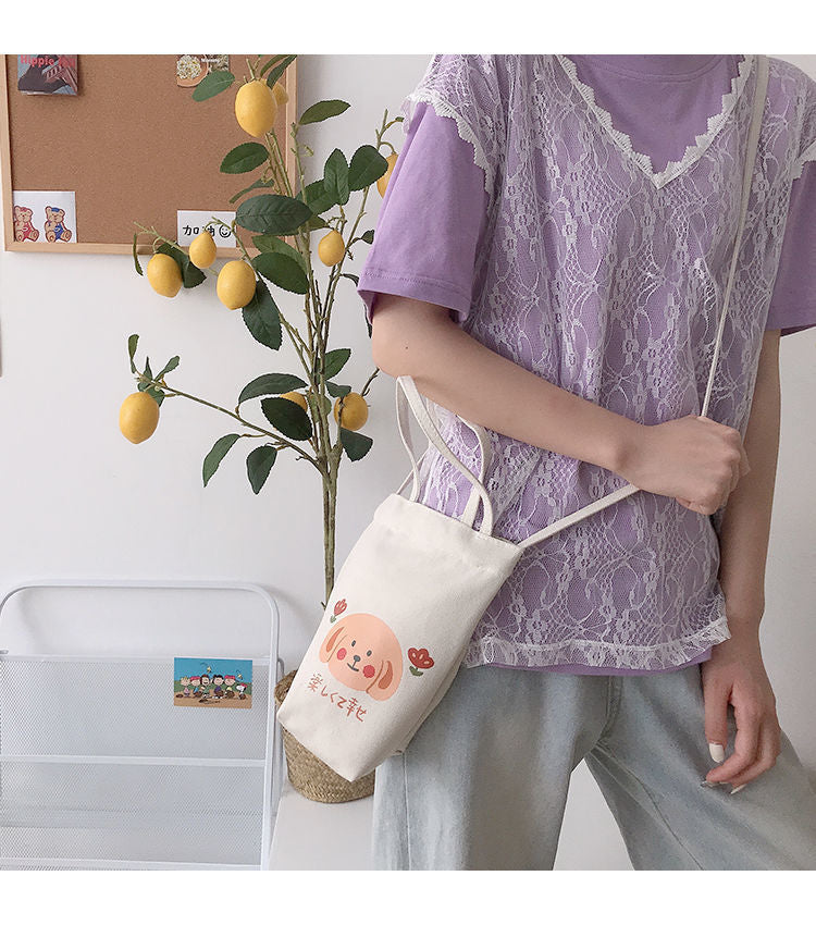 Mini Sac à Bandoulière en Toile Écru Imprimé Agneau