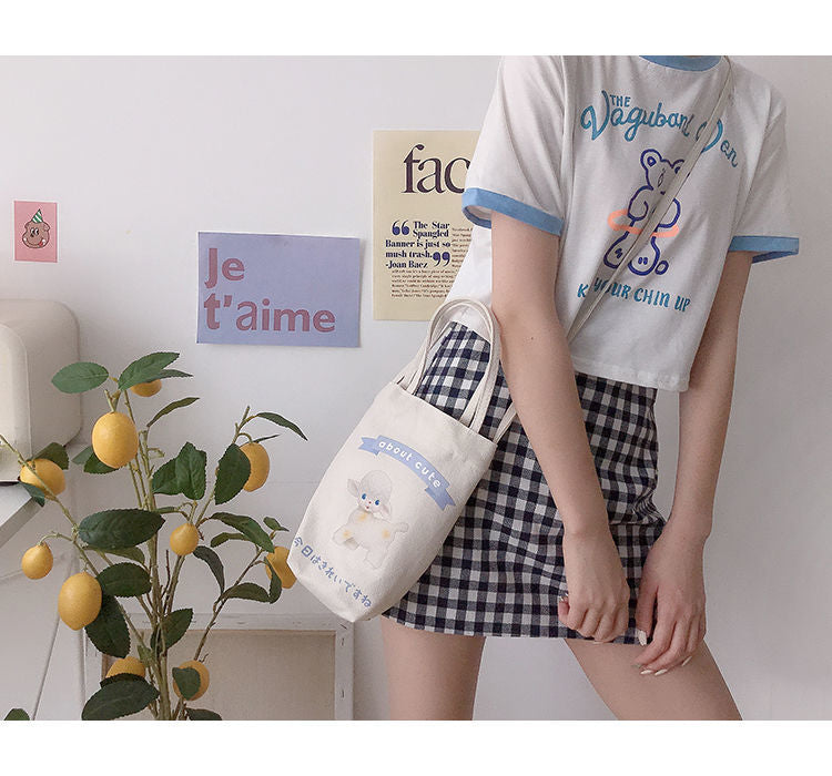 Mini Sac à Bandoulière en Toile Écru Imprimé Agneau