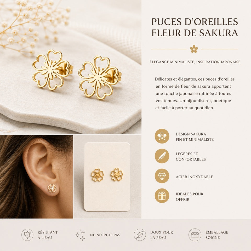 Boucles d'Oreilles en Acier Doré Fleur à Cœurs