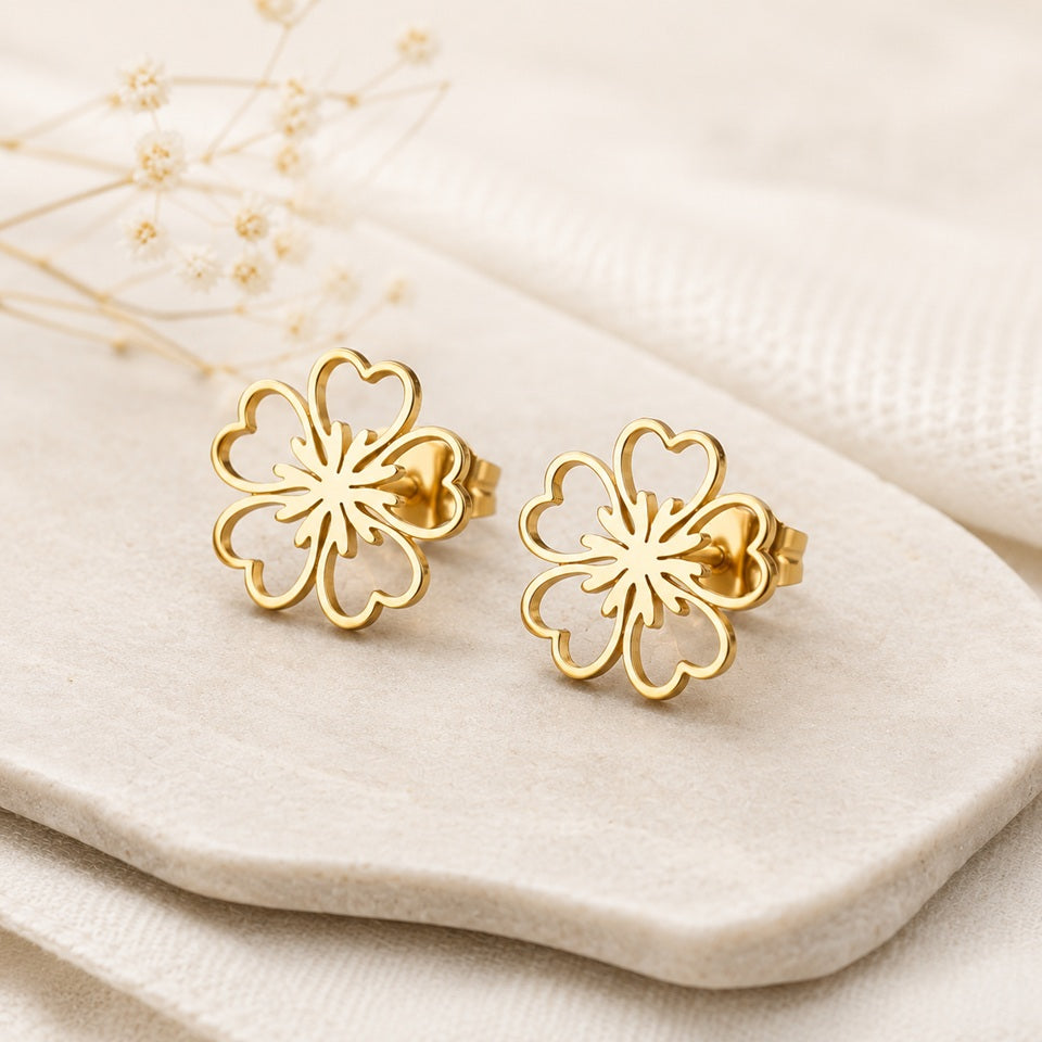 Boucles d'Oreilles en Acier Doré Fleur à Cœurs