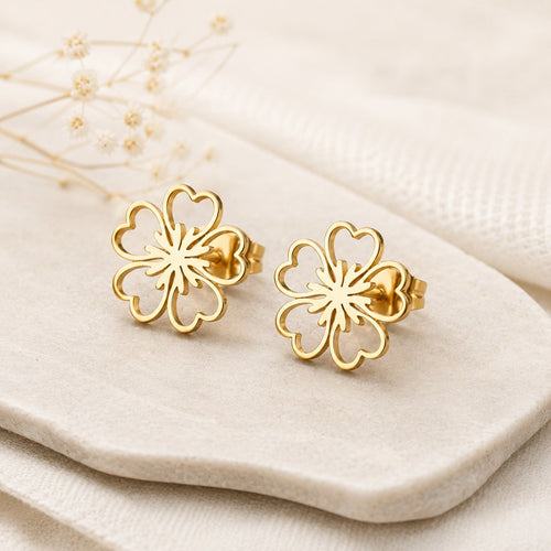 Boucles d'Oreilles en Acier Doré Fleur à Cœurs