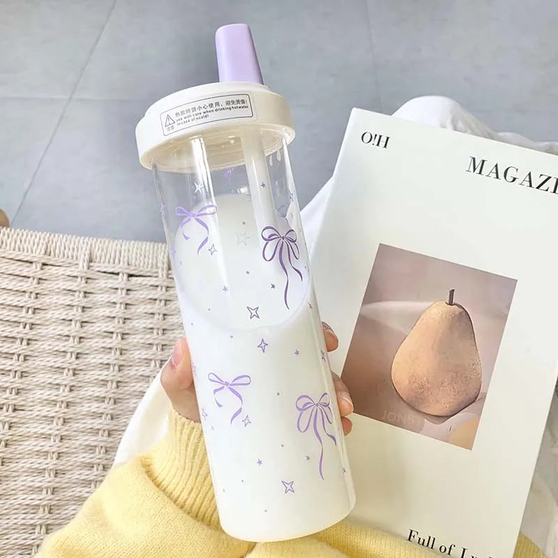 Gobelet Bubble Tea kawaii violet avec paille et nœud - Câlin Kawaii