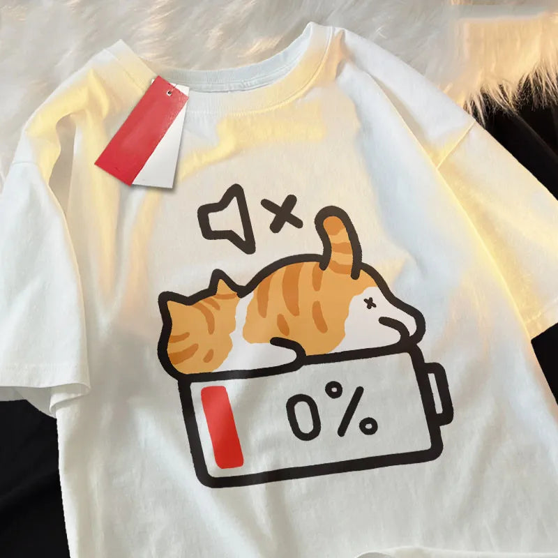 T-Shirt Blanc à Imprimé Chat Endormi et Batterie 0%