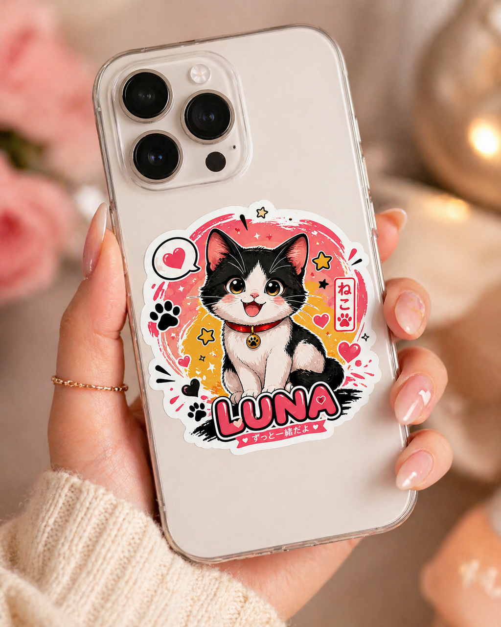 Sticker Chat Kawaii Luna Noir et Blanc à Clochette