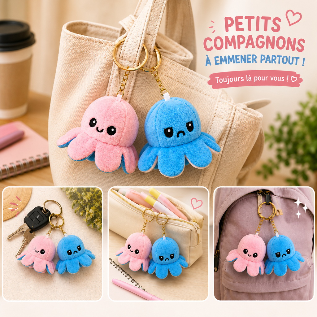 Porte-clés Peluche Octopus Bleu Réversible